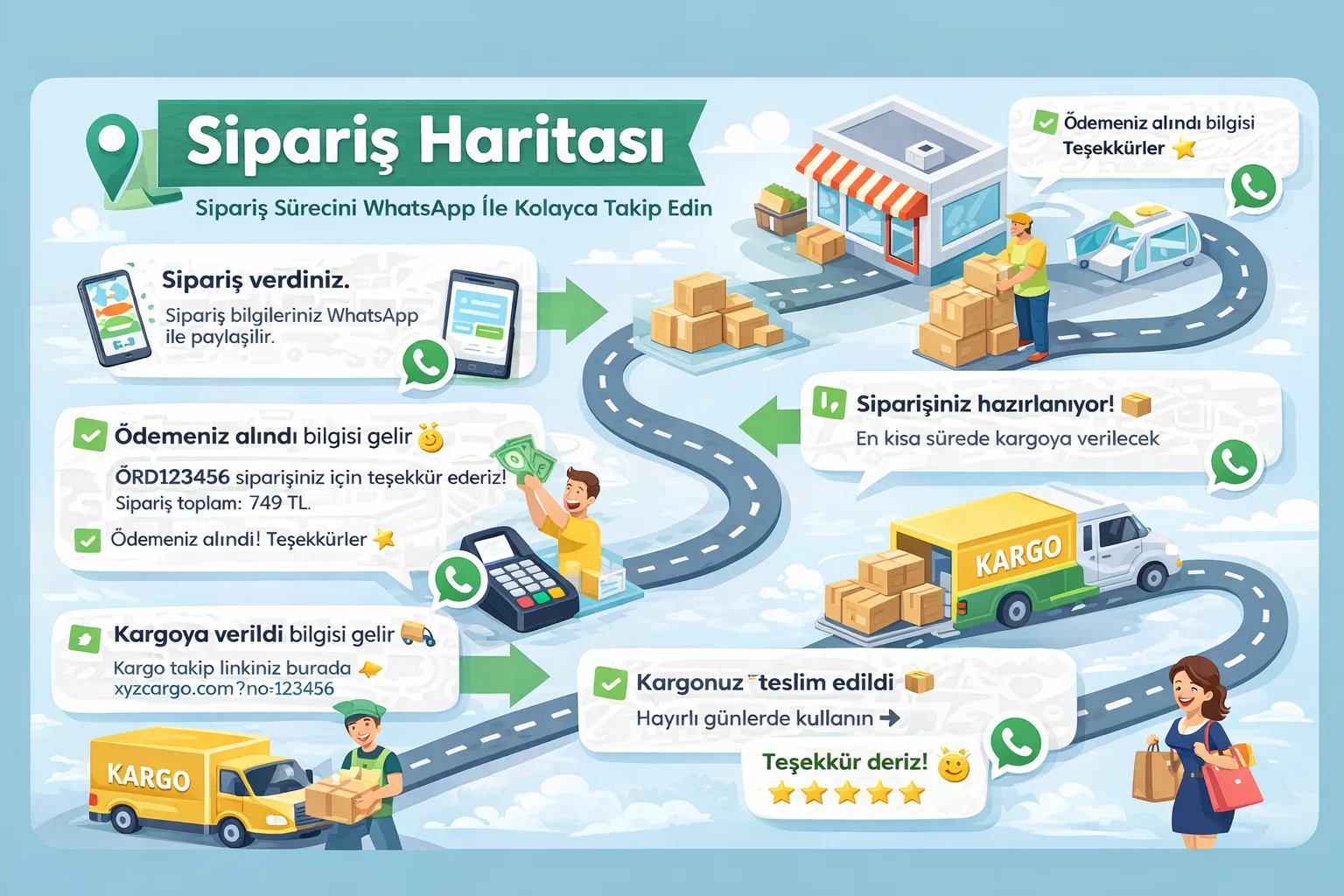 Paket teslimatı için şehirde ilerleyen kurye